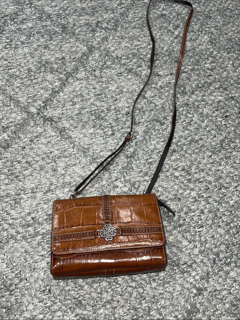 Brighton Brown Croc-Embossed Crossbody with Decorative Medallion